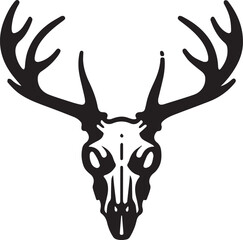A bold black vector of a deer skull with large antlers, featuring minimalist shading and sharp lines.