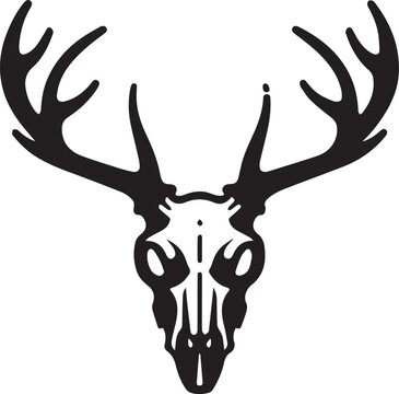 A bold black vector of a deer skull with large antlers, featuring minimalist shading and sharp lines.