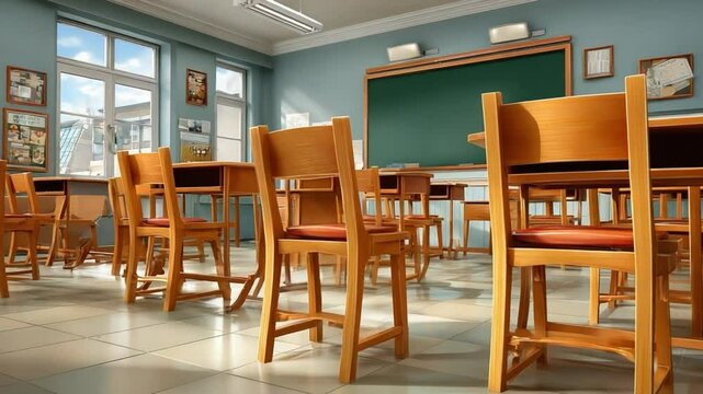 Empty classroom scene: A sunlit classroom featuring rows of wooden chairs and desks, a chalkboard, and a bright window offers a sense of anticipation and readiness for learning.