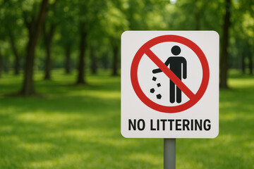 "No Littering Sign in a Park: A clear message of environmental responsibility is conveyed with a "No Littering" sign, set against a backdrop of a green, sun-dappled park.