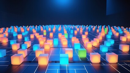 Obraz premium Illuminated Cubes on Grid, Abstract Digital Cityscape