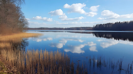 Scenic tranquil lake mirroring a brilliant sky and wispy cloud formations