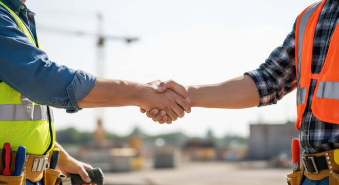 Close up handshake between construction workers in safety vests, teamwork collaboration partnership, successful agreement on building site, manual labor, tool belts, outdoor teamwork concept