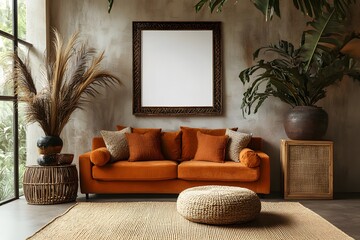 A cozy living room interior with a modern orange sofa, plants, and a framed mirror. This space combines comfort and style.