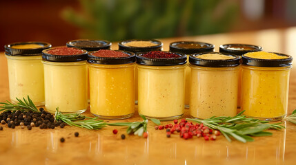 Assortment of homemade mustards displayed in jars with rustic garnishes