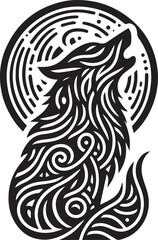Obraz premium A black tribal-inspired vector drawing of a wolf howling at the moon, with intricate line patterns and curves.