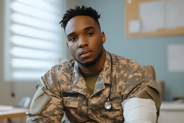 A military medic, a symbol of strength and resilience, sits pensively in a medical facility, his gaze steady and resolute, conveying a sense of quiet strength and dedication to duty. 