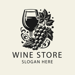Elegant black and white flat vector logo illustration for a wine shop, featuring a stylized grape cluster with leaves and a wine glass