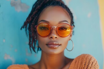 A stylish woman with a confident gaze, wears trendy orange glasses and a radiant smile, radiating both beauty and self-assuredness.