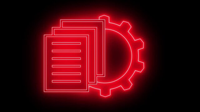 Neon line Document settings with gears icon isolated on black background. Software update,  teamwork tool management, transfer protocol