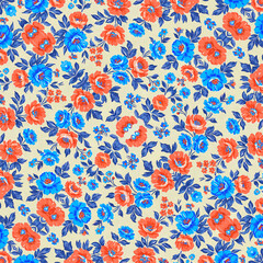 Pano de mesa da vovô, com cores claras e pasteis, azul, vermelho e bege claro. Estampa de flores vintage