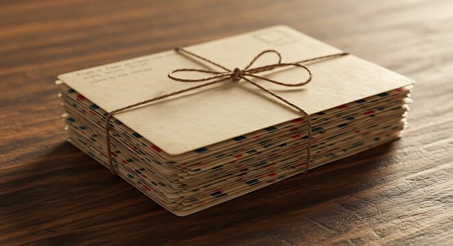 Stack of Letters Tied with String on Wood Table