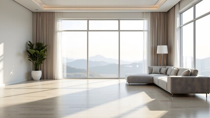 Obraz premium Empty floor against the background of a minimalist modern bright living room with a sofa, panoramic windows and light curtains 