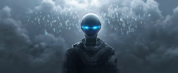 Eerie, futuristic robot figure with glowing blue eyes emerging from dark, cloudy skies, with binary code symbols floating above, representing artificial intelligence, cloud computing, digital consciou