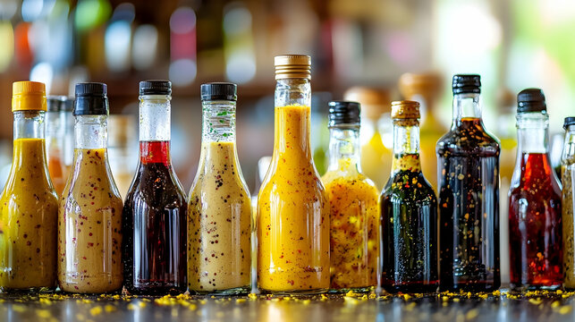 Culinary art display of homemade bottled dressings and sauces for gourmet food