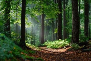 Obraz premium Forest scene with sunbeams a path covered in leaves and tall trees