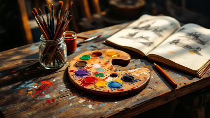 Art Supplies on Wooden Table with Palette and Sketchbook
