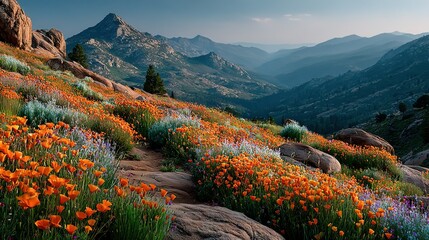 California poppies blanketing canyon slopes, golden hour backlight on orange blooms, vibrant wilderness for national park promotions, nature calendars, and wellness retreat branding.