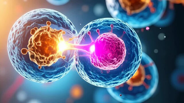 Cell division and mitosis depicted as two cells dividing with bright energy connection representing the process of cellular duplication and growth