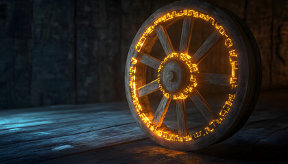 Obraz premium 3D render of an old, wooden cartwheel evolving into a high-tech, illuminated digital wheel, showcasing the concept Reinvent the Wheel as progress from old to new.