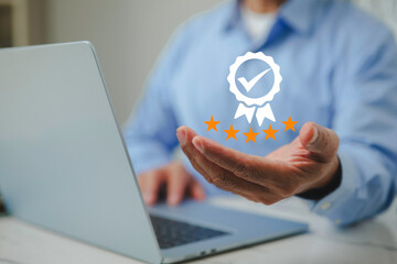 Concept of Quality Assurance and Assurance Standards Men working with the symbol of leading service ISO certification standards