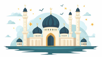 Stylized illustration showcasing a serene mosque with minarets and domes against a cloudy sky