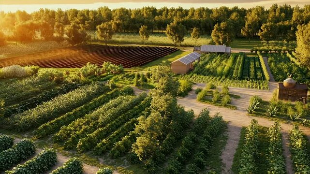 Lush sunset view of a diverse, meticulously organized farm with various crops, a small shed, and a quaint building