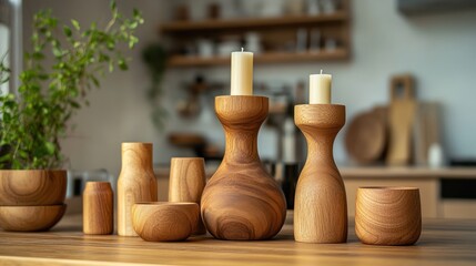 Wooden Candle Holders and Home Decor on a Table