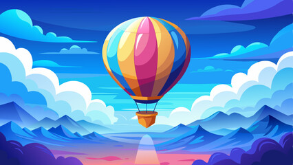Obraz premium Inspirational travel background with a colorful hot air balloon flying high above the clouds in a bright blue sky. Peaceful, uplifting, and dreamy atmosphere, vector illustration