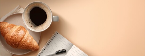 Top-down view of peaceful coffee break scene with croissant, coffee, and notebook on light-toned table