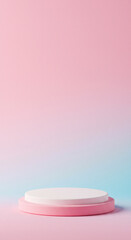 Pink and white podium on a soft pink and blue gradient background. Gentle stage providing a dreamy, pastel presentation. Perfect for cosmetic or baby product showcases.