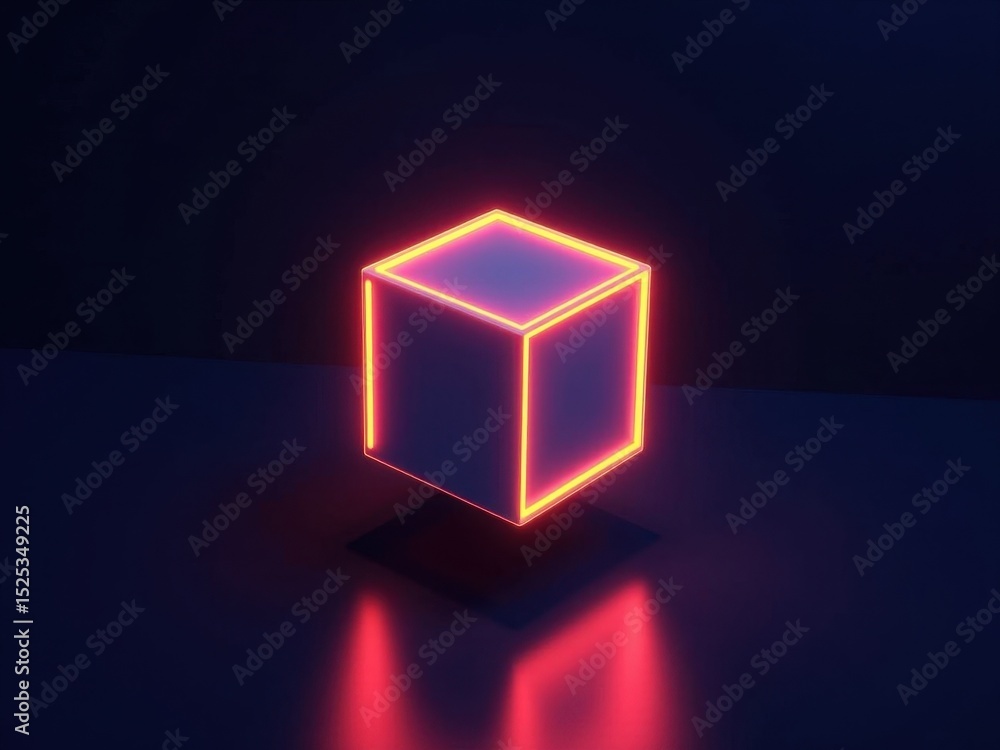 Poster illuminated cube with neon accents representing blockchain technology in healthcare sector