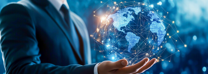 Businessman Holding Global Hologram for Technology and Innovation Design – Digital Network Visualization, Future Tech Concept Image
