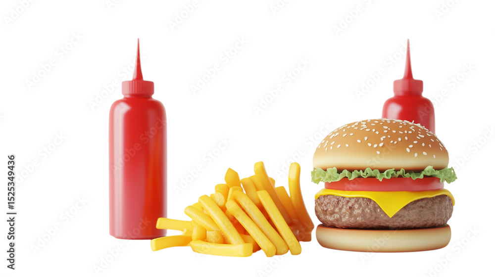 Fototapete A rendering of a burger with fries and ketchup bottles on a black background in a studio setting on transparent background