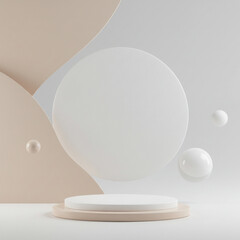 White and beige podiums with abstract circular shapes on a light beige background with bokeh. Gentle stage providing a warm, creative presentation. Perfect for cosmetic or lifestyle products.