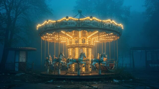 Abandoned carousel illuminated at night in foggy forest setting  