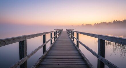 Fototapeta premium Wooden Pier on Misty Lake at Sunrise