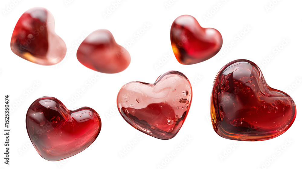 Poster a group of six translucent red heart shaped objects on a black background in a studio setting on tra