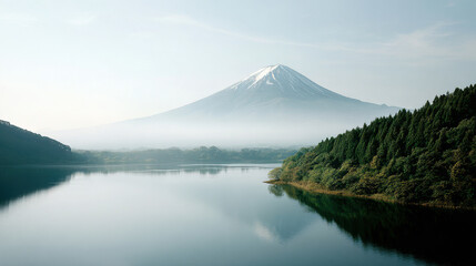 breathtaking view of mount fuji bathed in soft morning light surrounded by lush greenery and serene landscapes