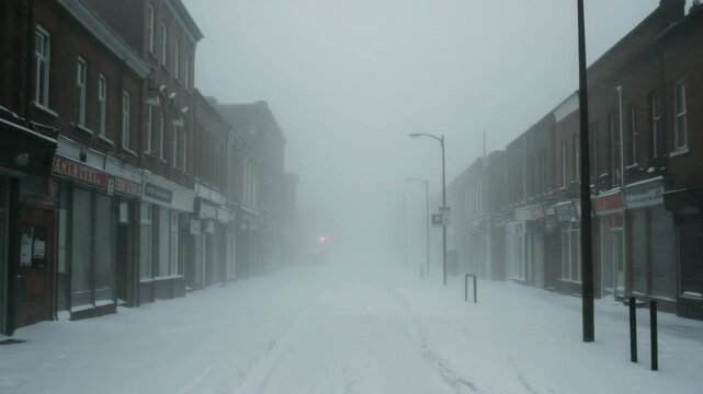 Snowstorm blows across an empty street during winter with whiteout conditions