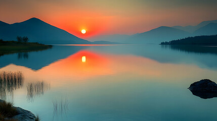 Obraz premium A stunning serene sunset over a calm lake mirroring the sky and mountains