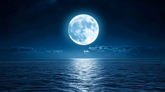 Serene moonlit night over ocean horizon, stars and tranquil scenery