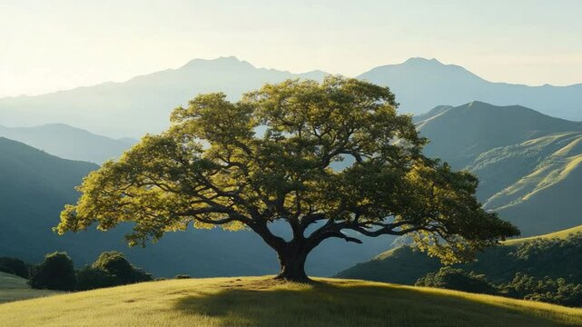 Majestic lone tree on a grassy hill with distant mountains under bright blue sky in picturesque landscape scenery 4k video footage