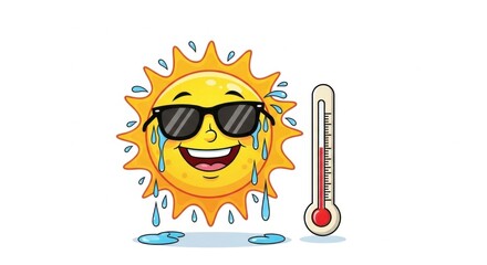 Sun in sunglasses with sweat drops and a thermometer nearby, on white background. Symbol of hot summer, extreme heat, high temperature, and drought conditions