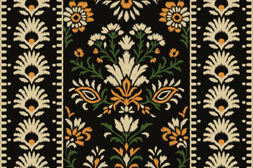 Seamless ikat floral pattern with traditional ethnic design, vintage textile inspired ornament in black, cream, orange and green colors, vector illustration for fabric and wallpaper. © opart