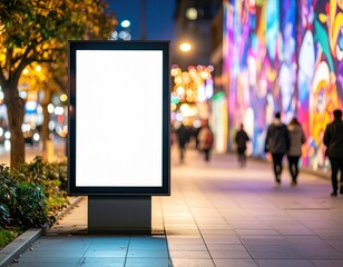 Blank billboard stands on city sidewalk at night colorful mural and pedestrians in background