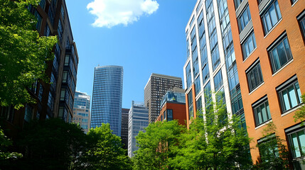 Urban cityscape blending architectural landmarks with natural greenery on a sunny day
