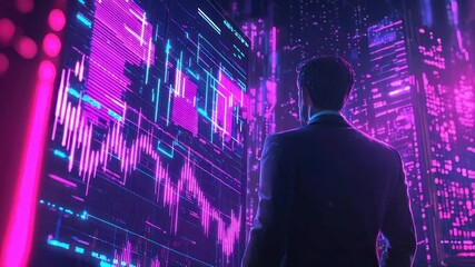 Futuristic businessman, surrounded by vibrant digital displays, with stock market data visualizations - Powered by Adobe
