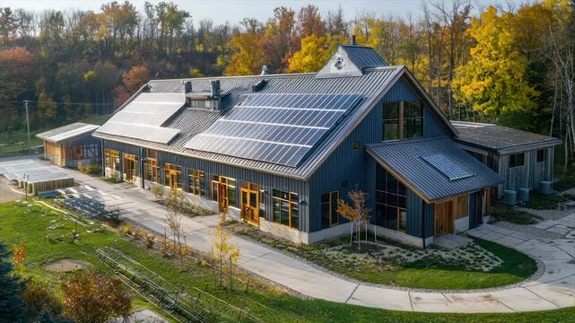 Sustainable barn with solar panels, gardens, and autumn foliage