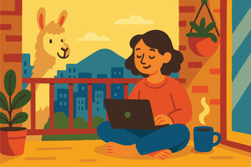 A relaxed woman working on her laptop from a balcony in a colorful city, with a llama peeking in.